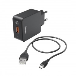 Комплект за зареждане 220V HAMA 178336, Micro-USB, 3 A, QC 3.0 + Micro-USB Cable, 1.5 m, Черен