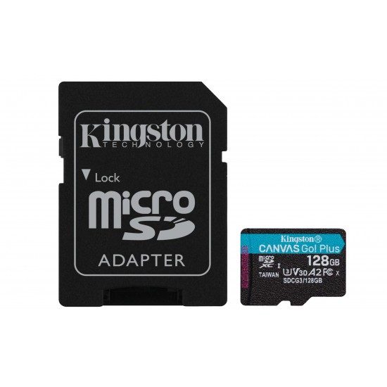 Memory card Kingston Canvas Go! Plus, 128GB, UHS-I, Class 10, U3, V30, A2, Adapter