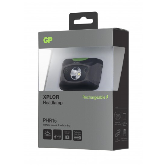 Фенер Челник акумулаторен GP BATTERIES Prosumer Xplor PHR15, Hands free, сензор за разстояние, 300 лумена Headlamp / Lantern with light GP BATTERIES Prosumer Xplor PHR15 Hands free distance sensor 300 lumens