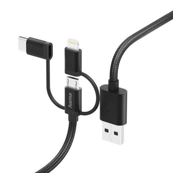Hama 3-in-1 Micro-USB Cable with Adapter for USB Type-C & Lightning, 1.5m,black
