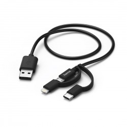 Кабел HAMA 3 в 1, USB-A мъжко - MicroUSB мъжко, адаптери Lightning и USB-C, 1 м., Черен