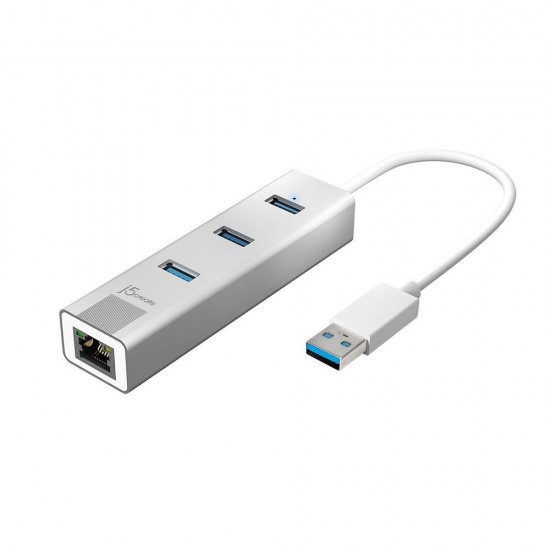 3-портов хъб j5create JUH474, USB 3.0, Gigabit Ethernet, Бял j5create JUH474 USB 3.0 Gigabit Ethernet & 3-Port Hub