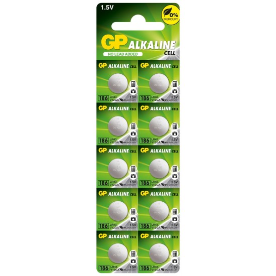 Button alkaline battery GP186 AG12 LR43 / 10 pcs. / Pack price for 1 pc. / 1.55V GP