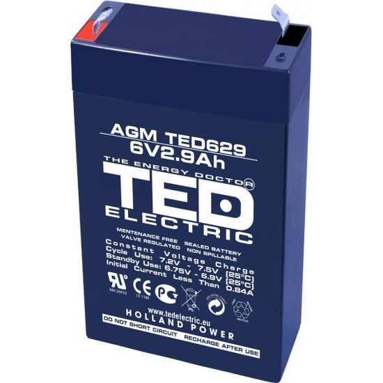 Lead Battery TED ELECTRIC   6 V  / 2.9 Ah - 65 / 33 / 105mm AGM