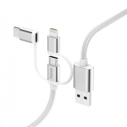 Кабел HAMA 3 в 1, USB-A мъжко - Micro USB мъжко, адаптери Lightning и USB-C, 0.2 м., Бял