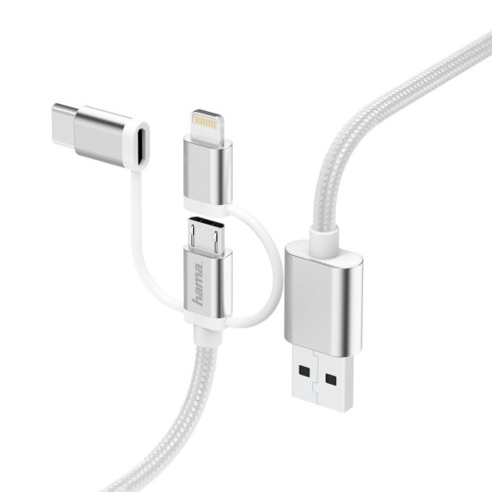 Hama 3-in-1 Micro-USB Cable with Adapter for USB Type-C and Lightning, 0.2m, whi